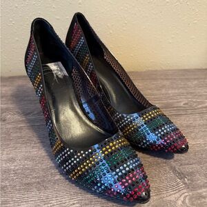 INC Black Rainbow Embellished Zitah Pointed Toe Stiletto Slip On Heels 8.5